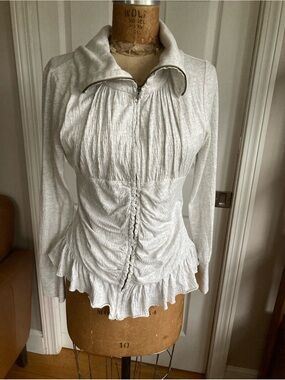 Eileen Fisher Light Gray Ruched Zip-Front Top